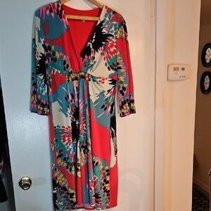 Evan Picone Multicolor Floral Print V-Neck Dress - Coral, Teal, Black, White